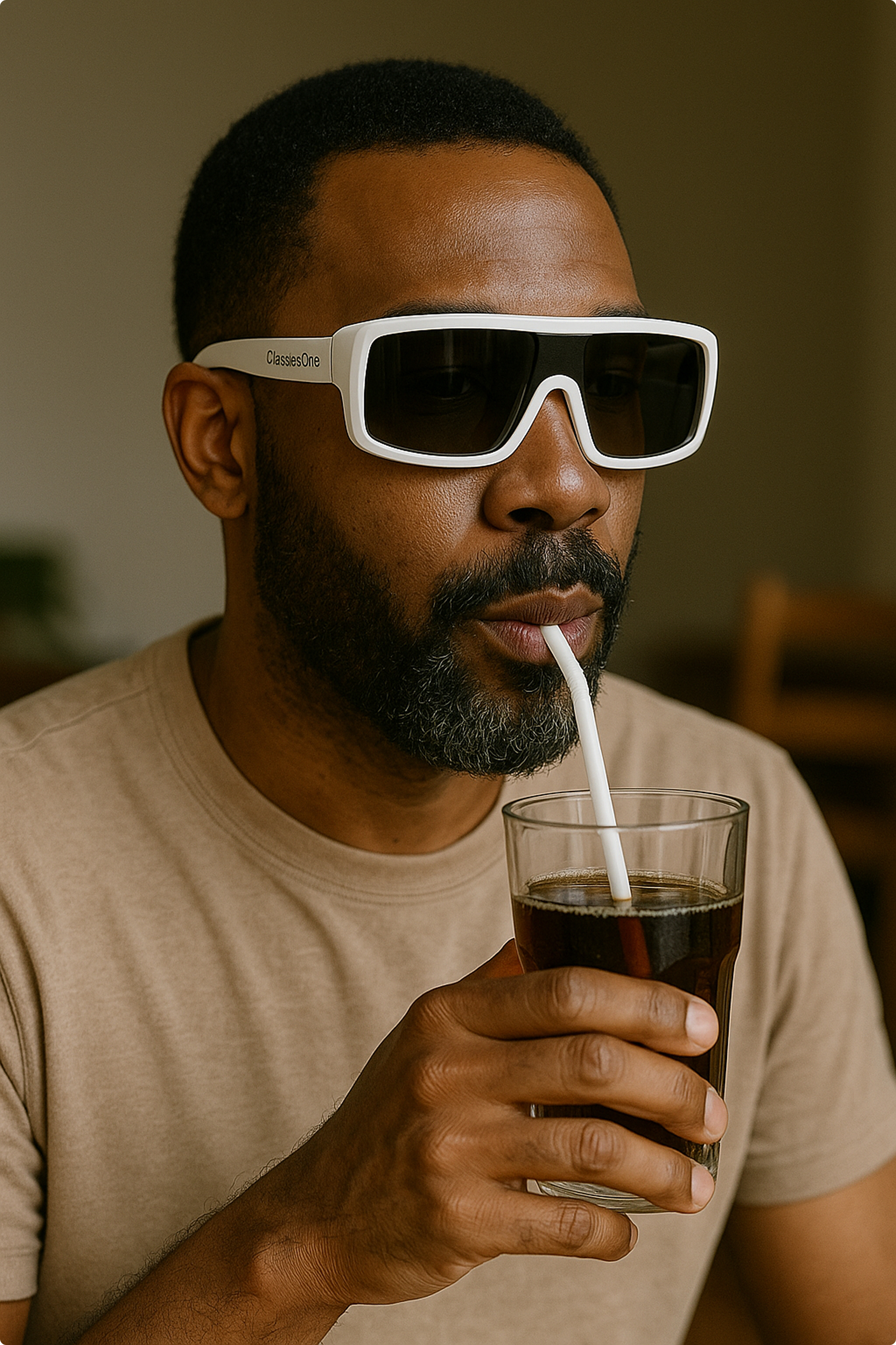 un homme qui bois une boisson avec ses lunettes sur le nez