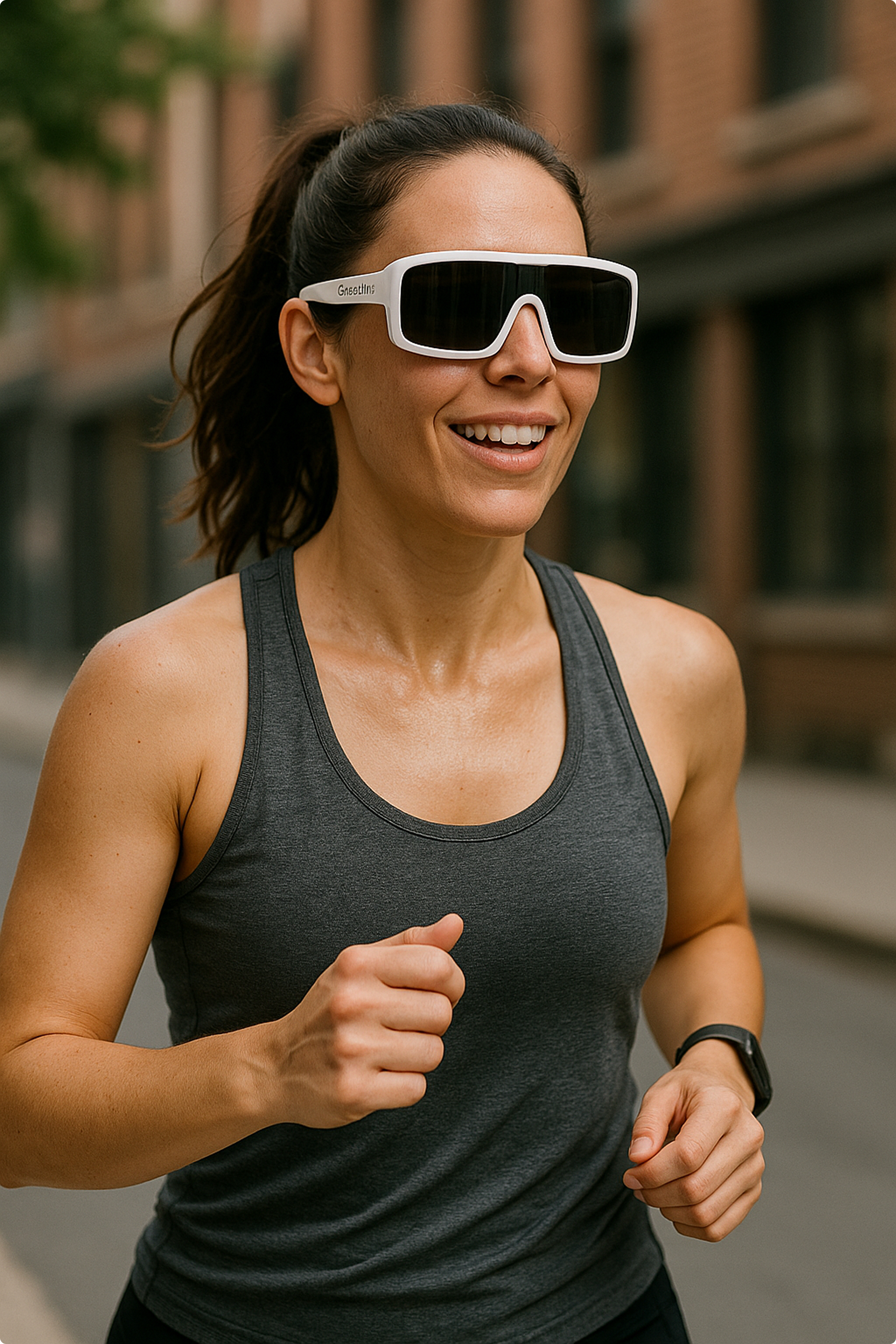 Une femme qui cours avec ses lunettes sur le nez